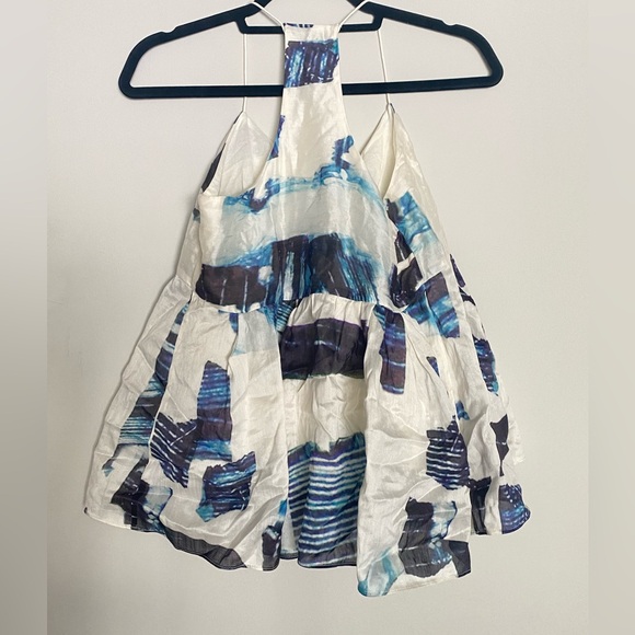 Tibi Silk Printed Top Blue White Peplum Racerback Abstract Print Tank Top Size 0 - Picture 5 of 6